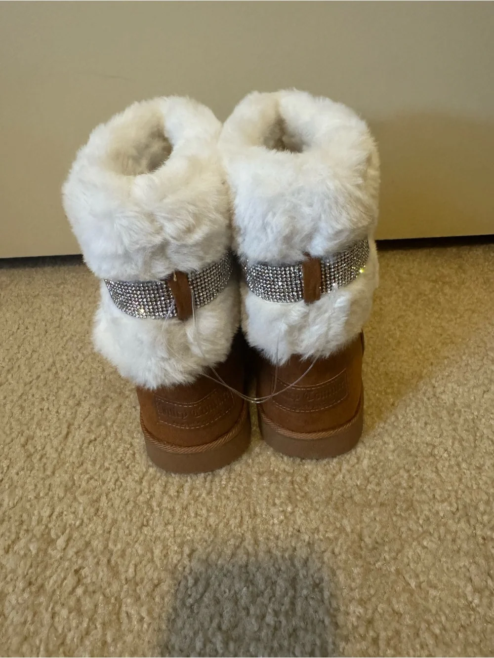 Juicy Couture Brown Suede Faux Fur Cuff Rhinestone Strap Boots